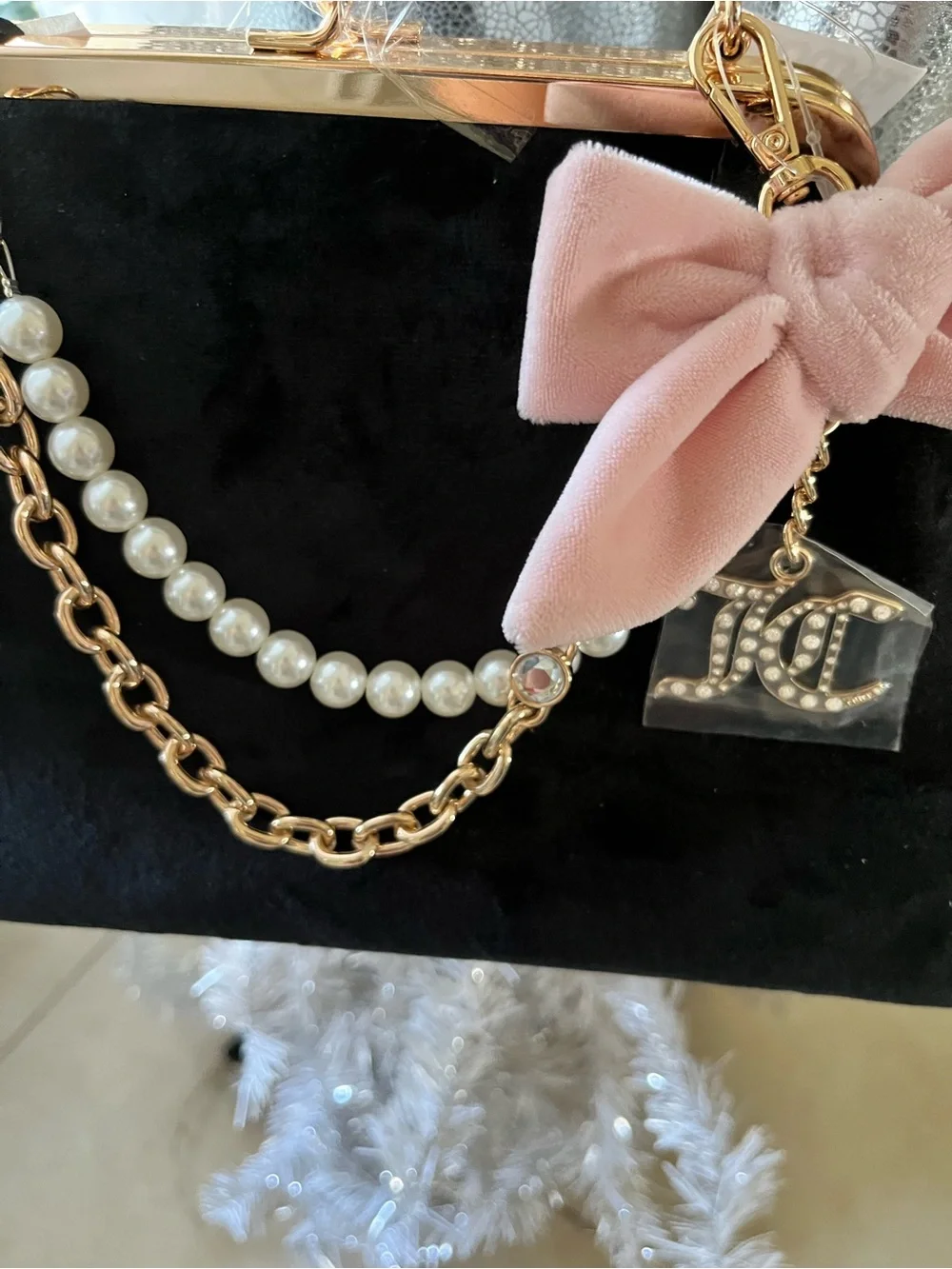 NWT Juicy Couture Lock Bag Pink Bow Pearl Chain Charm Haus Frame Clutch Licorice